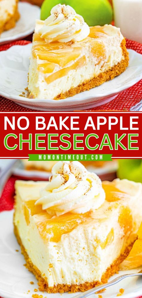 You're going to love this No-Bake Apple Cheesecake! It's an easy fall recipe that comes together in under 20 minutes. Creamy, perfectly spiced, and loaded with flavor, this apple dessert recipe is everything you want and more! Apple Pie No Bake Cheesecake, No Bake Apple Cheesecake Recipes, Apple No Bake Cheesecake, Apple Cheesecake No Bake, No Bake Apple Pie Cheesecake, No Bake Apple Cheesecake, No Bake Apple Desserts, No Bake Caramel Apple Cheesecake, Apple Cream Cheese Dessert