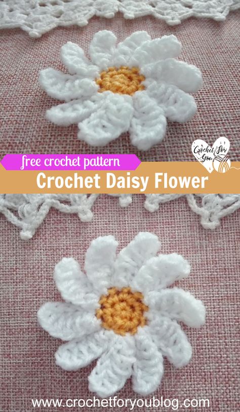 Crochet Daisy Flower Free Pattern Crochet 3d Daisy Free Pattern, Crochet Flower Motifs Free Pattern, Crochet Daisy Pattern Free, Crocheted Daisies, Crochet Daisy Flower, Flower Applique Patterns, Crochet Poppy, Puff Flower, Crochet Puff Flower