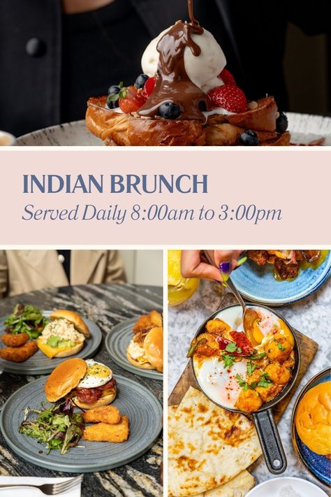 An image showing a selection of Zouk's Indian brunch dishes including French Toast, Baked Eggs and a selection of Breakfast Sandwiches and Hash Browns Indian Brunch, Halal Breakfast, Full English Breakfast, Breakfast Specials, Eggs Breakfast, Full Breakfast, Brunch Dishes, Breakfast Sandwiches, Chaat Masala