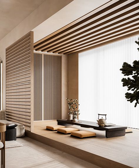 Tatami Room Modern, Modern Japandi Interior, Japanese Tatami Room, Japandi Apartment, Tatami Living Room, Japanese Living Room, Japan Interior, Japandi Living Room, Zen Interiors