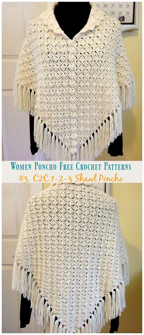 C2C 1-2-3 Shawl Poncho Crochet Free Pattern - Women #Poncho; Free #Crochet; Patterns C2c Poncho Pattern, C2c Crochet Shawl, Crochet Poncho With Collar, Crochet Ponchos For Women, Shawls Crochet Free Patterns, Free Poncho Crochet Pattern, Crochet Ponchos Free Patterns, Free Crochet Poncho Patterns Woman, Poncho Crochet Pattern Free