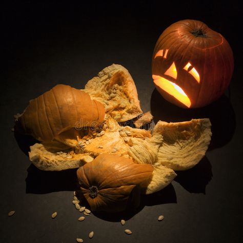 Jack-o'-lantern with smashed pumpkin. Upset jack-o'-lantern looking at smashed p , #AFF, #smashed, #lantern, #Jack, #jack, #Upset #ad Calabaza Squash, Smashed Pumpkin, Halloween Antiques, Halloween History, Jack Lantern, Halloween Office, What Is Halloween, Jack O Lantern Faces, Make Halloween