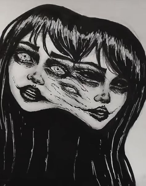 Scary Women Drawing, Two Faced Girl Drawing, Scary Face Sketch, Scary Faces Creepy Horror Drawing, Two Faced People Drawing, Gothic Girl Drawing, Gothic Sketches Drawing, Creepy Woman Drawing, Gothic Art Sketch