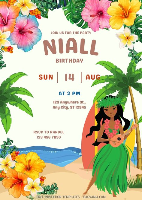 Free FREE Hawaiian Luau Pool Party Invitation Templates #free #freeinvitation2019 #birthday #disney #invitations #invitationtemplates Hawaii Theme Party Invitation, Hawaii Birthday Party Invitations, Hawaiian Birthday Invitation Template, Tropical Luau Birthday Party, Hawaiian Invitations Template Free, Hawaii Birthday Invitations, Hawaiian Birthday Party Invitations, Hawaiian Party Invitations Templates, Hawaiian Theme Invitations