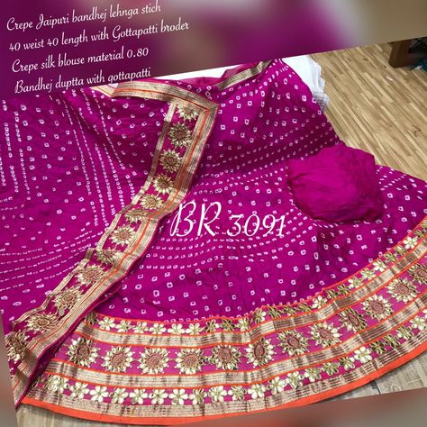 BR 3091 Crepe Jaipuri Bandhni Lehenga 40 weist 40 length with Gotapatti Border Crep Silk Blouse material 80 cms Bandhni Dupatta with Gotapatti Ready to dispatch 1950+$ Fast booking *Gst Optional* Bandhni Dupatta Lehenga, Bandhni Lehenga, Gotapatti Lehenga, Bandhni Dupatta, Bandhej Lehenga, Rajasthani Lehenga, Bandhani Lehenga, Beautiful Party Dresses, Wedding Lehenga Designs