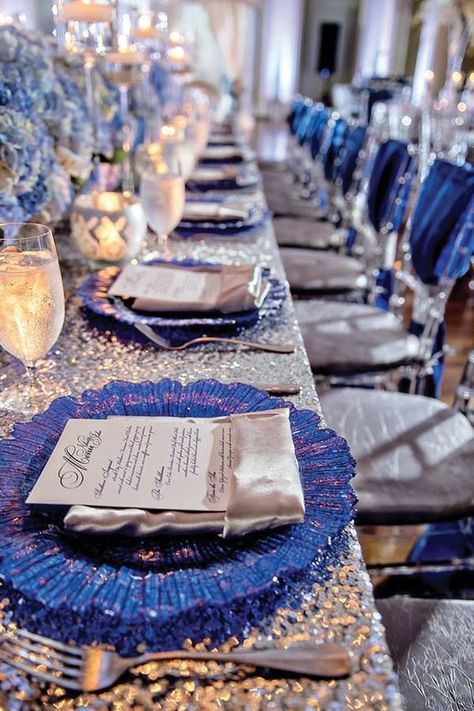 Wedding Reception Seating Arrangement, Silver Wedding Centerpieces, Bday Brunch, Royal Blue Wedding Theme, Blue Wedding Receptions, Silver Wedding Decorations, Winter Wedding Planning, Blue Wedding Decorations, Wedding Reception Seating