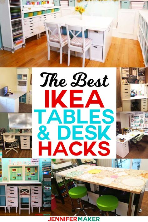 The Best IKEA Craft Room Tables and Desk Hacks and Ideas | Linnmon, Kallax, Expedit, Alex, and more! #ikea #craftroom #storage #tables #desks Ikea Tables, Desks Ideas, Craftroom Storage, Storage Tables, Craft Room Tables, Ikea Craft Room, Desk Hacks, Ikea Crafts, Craft Table Diy