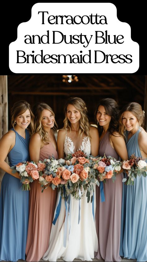 Terracotta and dusty blue bridesmaid dresses in a rustic barn wedding setting, perfect for creating a warm and elegant bridal party look. Wedding Dresses With Bridesmaids, Bridesmaid Dresses Blue And Pink, Blue Different Bridesmaid Dresses, Dusty Blue And Peach Wedding Theme Bridesmaid Dresses, Fall Blue Bridesmaid Dresses, Dusty Blue Wedding Ideas, Davids Bridal Bridesmaid Dresses Blue, Dusty Bridesmaid Dresses, September Bridesmaid Dresses