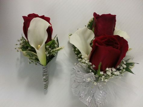 red roses with calla lilies and matching boutonniere Red Calla Lily Bouquet, Calla Lily And Rose Boutonniere, Red Roses And Calla Lily Bouquet, Red Calla Lily Boutonniere, Alstroemeria Wedding, Burgundy Calla Lily Bouquet, Pink Calla Lily Boutonniere, Boutineer Ideas, Red Rose Boutonniere