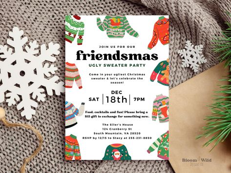 Ugly Christmas Sweater Invitations, Ugly Sweater Invitations, Friendsmas Party, Bloom And Wild, Cocktail Party Invitation, Ugly Christmas Sweater Party, Ugly Sweater Party, Editable Invitations, Ugly Sweater