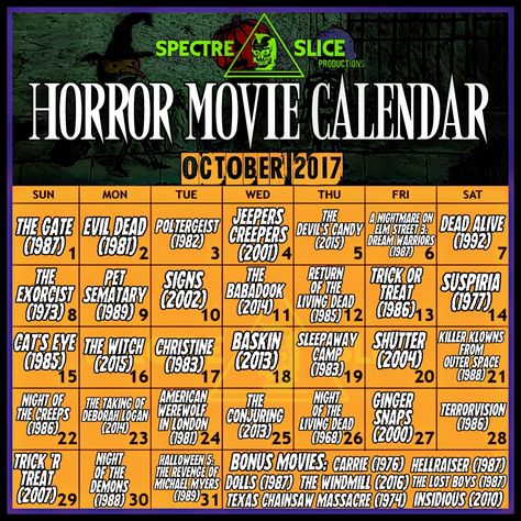 October Horror Movie Calendar, Movie Calendar, October Movie, October Movies, Halloween Movies List, Movie Challenge, Halloween Playlist, Best Halloween Movies, Halloween Movie Night