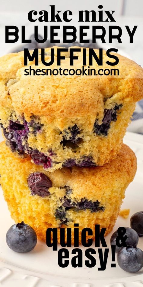 Blueberry cake mix muffins take five minutes to mix and 23 minutes to bake. Moist and delicious, they're bursting with blueberries. The perfect breakfast snack! Jiffy Baking Mix Blueberry Muffins, 3 Ingredient Blueberry Muffins, Blueberry Muffins From Cake Mix Recipes, Muffins Made With Cake Mix Duncan Hines, Homemade Muffin Mix Recipes, Cake Mix Blueberry Muffins, Easy Healthy Cake, Blueberry Protein Muffins, Yellow Cake Mix Recipes