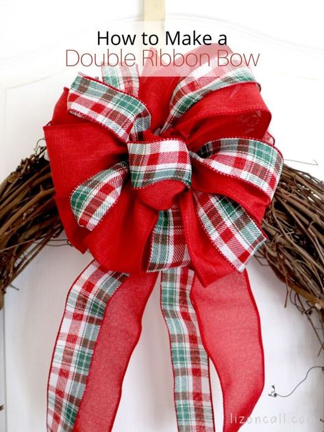 How To Make A Double Ribbon Bow For A Wreath - Liz on Call How To Make Large Wreath Bows, How To Make A Bow With Ribbon Easy Diy, Double Ribbon Bow, Making Bows For Wreaths, Ribbon Tutorial, Bow Making Tutorials, Diy Wreath Bow, Bow Craft, Christmas Bows Diy