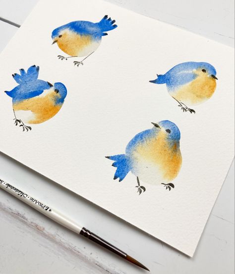 Watercolor Birds Easy Step By Step, Bluebird Watercolor Paintings, Watercolour Birds Tutorial, Easy Watercolor Birds For Beginners, Easy Watercolor Birds Painting Tutorials, Easy Bird Watercolor, Watercolor Blue Bird, Easy Watercolor Inspiration, Simple Watercolor Birds