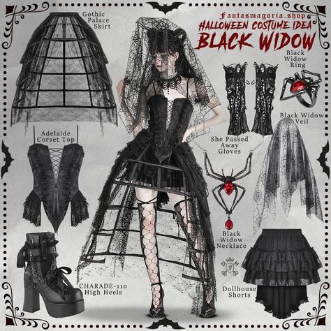 🕸️ Step into the shadows in the hauntingly gorgeous Black Widow costume 🕷️✨ Complete your dark transformation with our Adelaide Corset Top paired with the dramatic Gothic Palace Skirt and Dollhouse Shorts. Add that eerie finishing touch with the veiled mystery of the Black Widow Veil. The She Passed Away Gloves and the bold Black Widow Ring & Necklace combo will leave them spellbound 😈🖤 Don't forget those killer CHARADE-110 platform heels for a step that screams fierce! 🖤 Ready to haunt the ... Widow Ring, Widow Outfit, Gothic Palace, Widow Costume, Black Widow Costume, Gothic Halloween Costumes, The Black Widow, Necklace Combo, Summer Coats