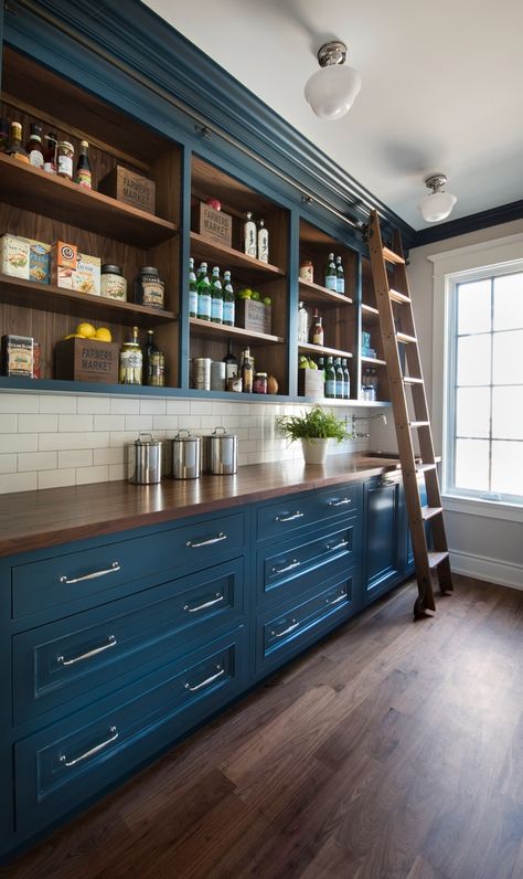 Pantry Cabinet Pantry with Navy Blue and Walnut Countertop Walnut Shelves and a custom Walnut ladder to reach the upper cabinets Pantry Navy Blue Pantry Pantry Pantry Cabinets #Pantry #PantryCabinet #navybluecabinet #WalnutCountertop #WalnutShelves #Walnutladder #walnutladder #cabinetladder House Pantry, Navy Blue Kitchen, Pantry Room, Kabinet Dapur, Kitchen Pantry Design, Blue Cabinets, Blue Kitchen, Pantry Design, Blue Kitchens