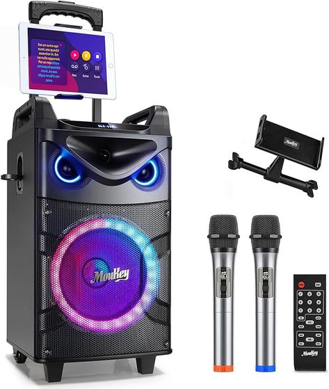 Moukey Karaoke Machine, 10" Woofer Portable PA System, Bluetooth Speaker with 2 Wireless Microphones, Lyrics Display Tablet Holder, Party Lights & Echo/Treble/Bass Adjustment Support REC/AUX/USB/TF Led Disco Lights, Pa System Speakers, Karaoke Speaker, Karaoke System, Amazon Electronics, Karaoke Machine, Party Speakers, Singing Time, Pa System