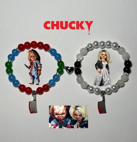 CHUCKY x TIFFANY 🩸💍🔪 Available tonight at 6 PM Eastern standard time! • • • • • • • • #bracelets #chucky #charlesray #braceletoftheday #jewelry #tiffanyandchucky #explore #instagood #explorepage+ #viral #scarymovie #scarymovies #horrormovies #horror #tiffanyvalentine #couplebracelet #monster #villians #chuckydoll #brideofchucky #horrorcosplay #matching #friendshipbracelets #originaldesign #beads #jennifertilly #movies #chuckyseries #scarycore #horrormovie Horror Bracelet Ideas, Scream Bracelet, Chucky X Tiffany, Horror Bracelet, Character Bracelets, Tiffany Chucky, Girly Bracelets, Beaded Braclets, Bff Bracelets