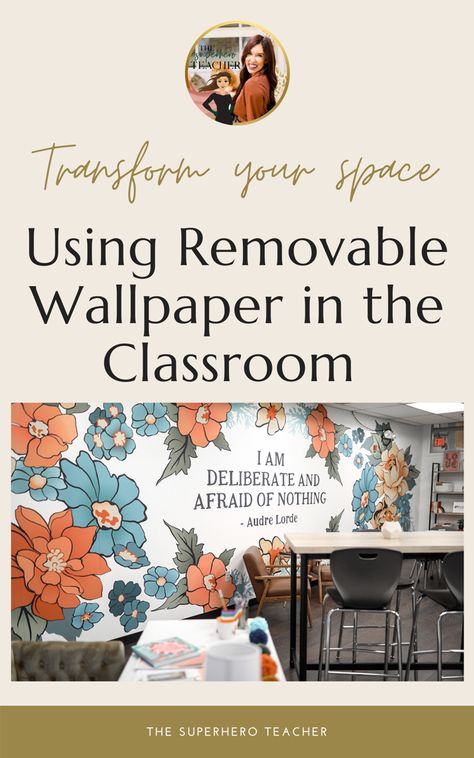 Removable Wallpaper for the Win Have you ever used removable wallpaper in your house or classroom? I have to admit, that is one of my FAVORITE ways to upgrade a space!! First of all, it feels so CUSTOM! And, secondly, it is easy to install and easy to remove! Classroom Turned Into Office, Decorating Cinder Block Walls Classroom, Classroom Wallpaper Ideas, Peel And Stick Wallpaper In Classroom, Classroom Wall Covering Ideas, Classroom Wall Mural Ideas, Wallpaper In Classroom, Contact Paper Classroom, Wallpaper For Classroom