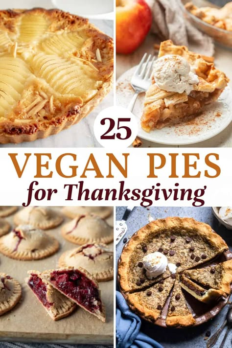 The best vegan pie recipes to serve at Thanksgiving and Christmas! From pumpkin and apple to chocolate and banana cream, all of the amazing flavors you need are here in this list. With many gluten-free options. Find your new favorite vegan pie recipe plus tips for serving and the best pie crusts and whipped topping options! Pie Recipes Vegetarian, Dairy Free Pies Recipes, Best Vegan Pumpkin Pie, Apple Pie Recipe Vegan, Vegan Thanksgiving Pie Recipes, Vegan Mini Pumpkin Pies, Pumpkin Pie Recipe Vegan, Vegan Pie Recipes Desserts, Vegan Thanksgiving Breakfast