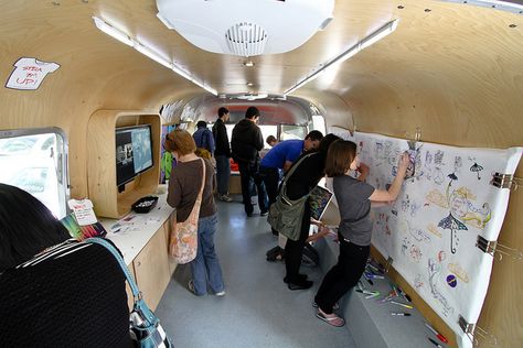 Inside the Airstream Art Studio by cshimala, via Flickr Library Bus, Mobile Museum, Art Studio Ideas, Kids Bus, Art Deco Wedding Theme, Bus Design, Bus Conversions, Bus Art, School Bus Conversion