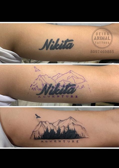 name coverup mountain tattoo by being animal Cover Up Tattoos For Men Arm, Cover Up Name Tattoos, Hand Tattoo Cover Up, Coverup Tattoo Ideas, Moutain Tattoos, Arm Cover Up Tattoos, Forearm Cover Up Tattoos, Cover Up Tattoos For Men, Tatuaje Cover Up