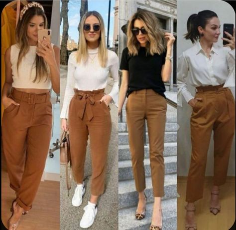 Pantalon Camel Outfits Mujer, Outfit Con Pantalon Cafe, Camel Colored Pants Outfit, Styling Brown Pants, Look Elegante Casual, Outfits Cafe, Camel Pants Outfit, Outfit Cafe, Cafe Outfit