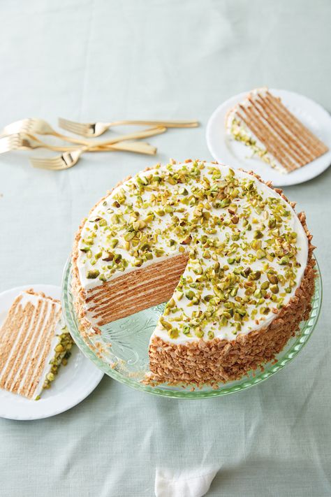 Eight-Layer Honey-Pistachio Cake Recipe | Williams Sonoma Taste Honey Pistachio, Pistachio Cake Recipe, Tasty Sweets, Pistachio Cake, Crepe Cake, Food Cakes, Sweet Cakes, Williams Sonoma, Let Them Eat Cake