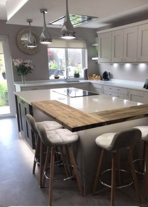 Combined Dining And Kitchen, Kitchen One Wall With Island, Kitchen Island With Table Extension, Kitchen Island And Table Combo, Kitchen Island Table Combo, Rustic Charm Decor, Breakfast Bar Kitchen Island, Cabinet Color Ideas, Kitchen Cabinet Color