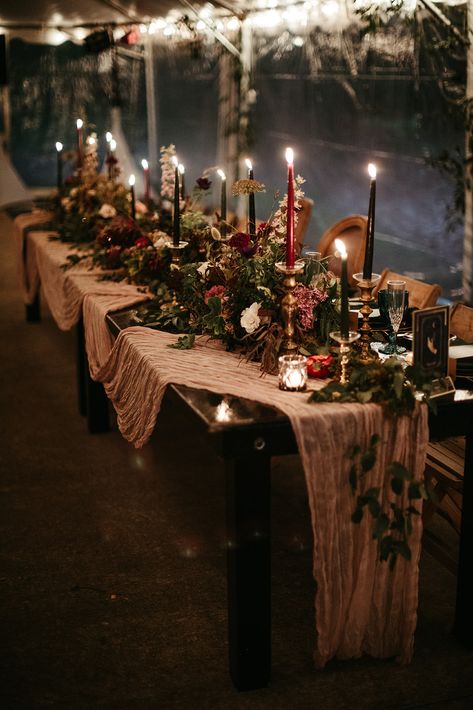 Candles As Centerpieces Wedding, Moody Earthy Wedding, Romantic Woodland Wedding, Dark Whimsical Wedding Theme, Moody Wedding Venue Decor, Emerald Rustic Wedding, Moody Castle Wedding, Dark Forest Wedding Centerpieces, Dark Intimate Wedding