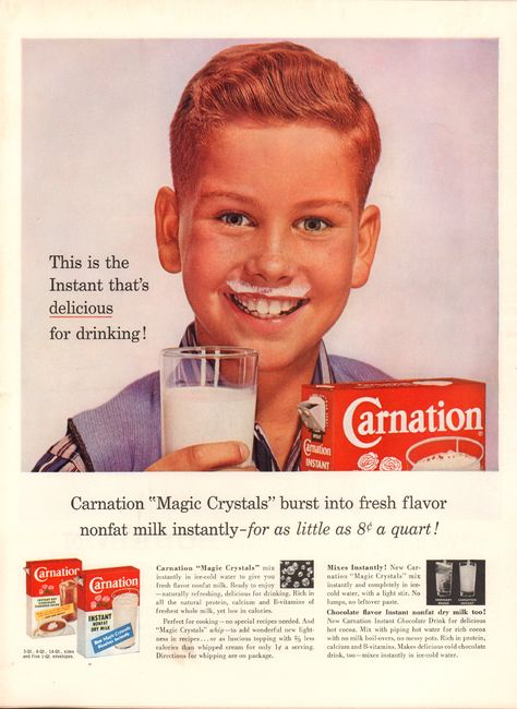 https://flic.kr/p/2hGsms2 | 1960 Carnation Instant Milk Advertisement Life Magazine February 8 1960 | 1960 Carnation Instant Milk Advertisement Life Magazine February 8 1960 Milk Advertisement, Classic Advertising, Vintage Advertising Art, Ice Cream Candy, Natural Protein, Retro Images, Old Advertisements, Flavored Milk, February 8