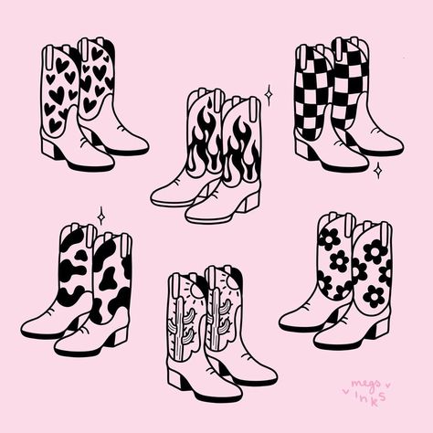 Doodles Procreate, Cowboy Boots Drawing, Flame Boots, Cute Cowboy Boots, Cowboy Boot Tattoo, Cowboy Tattoos, Flower Boots, Western Tattoos, Tattoo Flash Art