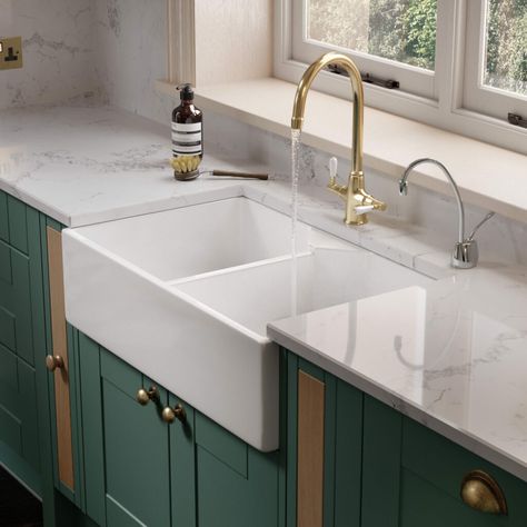 Kitchen Worktop Ideas, Worktop Ideas, Green Shaker Kitchen, Kitchens 2021, Wren Kitchens, Traditional Faucet, Wooden Worktops, Wren Kitchen, Kitchen Prices