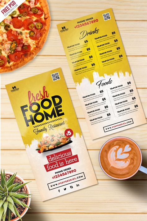 Download Food Menu Card PSD Template Freebie. This Food Menu Card PSD Template Freebie is suitable for any kind of restaurant, cafe, fast food, steak house, Catering, Grill bar and many more. This Food Menu Card PSD Template Freebie is super simple to edit and customize with your own details. Simply add your own images and text. This template download contains a 5.5 x 11.5in, 300 dpi print-ready CMYK 2 psd files (Front and Back). Restaurant Menu Card, Food Steak, Menu Design Inspiration, Cafe Menu Design, Menu Card Design, Brochure Design Creative, Gfx Design, Menu Flyer, Food Menu Template