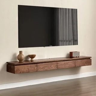 ChilooEz - Etsy Canada Wall Tv Stand Ideas Floating Shelves, Wall Mounted Tv With Shelf Underneath, Wood Shelves Under Tv, Furniture Under Wall Tv, Tv Floating Cabinet, Minimal Tv Console, Tv Wall Design Wood, Tv Shelves Wall, Suspended Tv Console