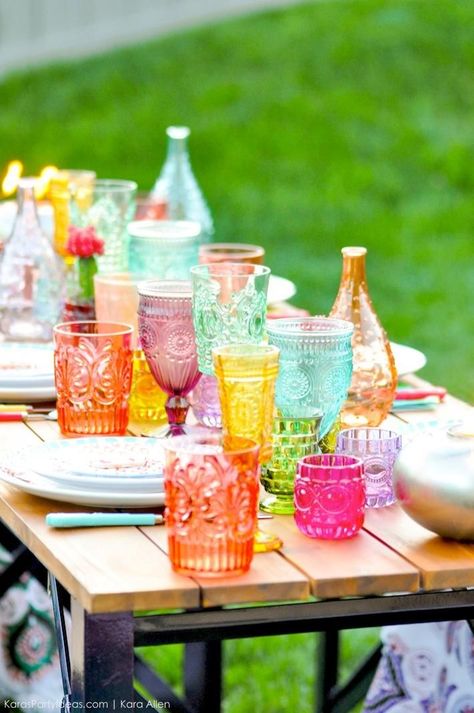 Backyard Boho Tiki Party Colorful Boho Party, Bright Boho Party, Boho Cocktail Party, Backyard Bohemian Party, Anthropologie Inspired Party, Boho Bbq Party, Colourful Dinner Party, Colorful Outdoor Party, Kidchella Party Ideas