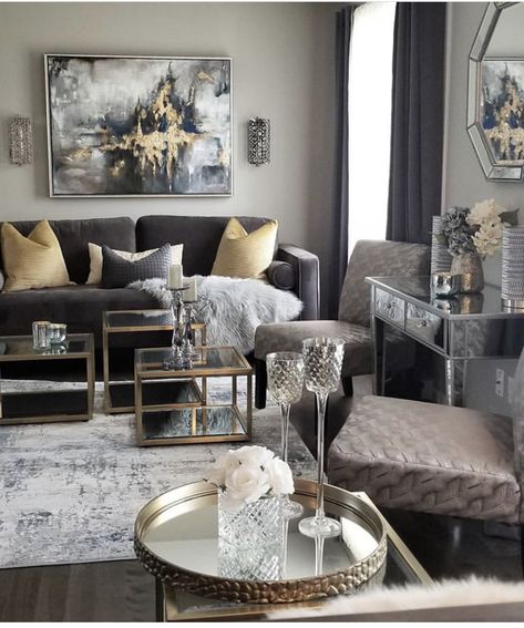 Black Grey Gold Silver Living Room, Bedroom Decor For Apartment, Couple Canvas Painting, Modern Couches Living Room, Black And Gold Living Room, Beginners Canvas Painting, Silver Living Room, Gold Living Room Decor, Painting On Canvas For Beginners