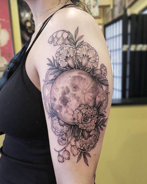 Full Moon Botanical Tattoo | Tattoo Ideas and Inspiration Floral Moon Tattoo, Chest Tattoo Flowers, Water Lily Tattoos, Flower Spine Tattoos, Full Moon Tattoo, Geisha Tattoo, Omerta Tattoo, Small Flower Tattoos, Moon Tattoo Designs