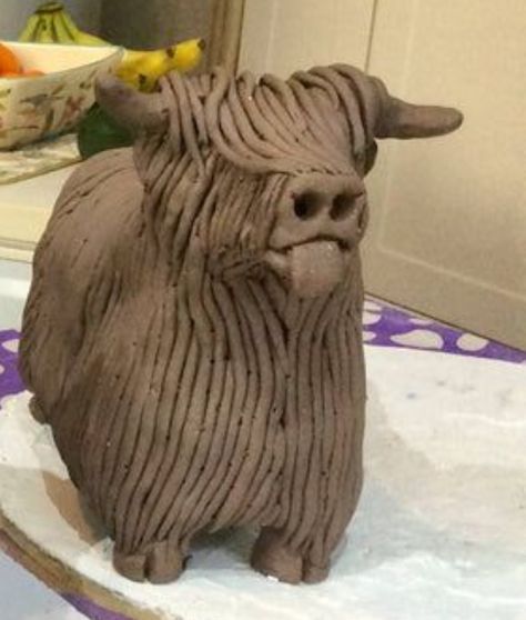 Ceramic Cows Pottery, Air Dry Clay Highland Cow, Clay Coil Projects, Clay Chickens, Highland Bull, Pottery Patterns, Beginner Pottery, Pottery Animals, Diy Air Dry Clay