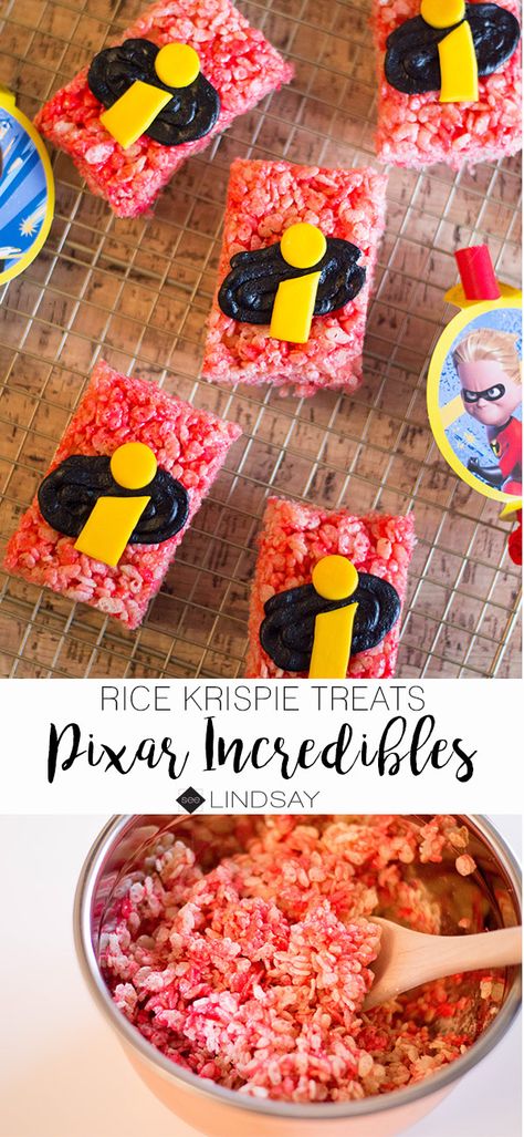 Homemade Disney-Pixar Incredibles Rice Krispie Treats - seeLINDSAY Incredibles Themed Food, Incredibles Food Ideas, Pixar Food Ideas, The Incredibles Birthday Party Ideas, Incredibles Birthday Party Food, Incredibles Party Food, Incredibles 1st Birthday Party, Disney Pixar Birthday Party Ideas, Disney Pixar Party