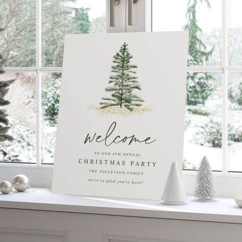 Simple Evergreen Christmas Party Welcome Sign  Zazzle Holiday Party Welcome Sign, Christmas Party Welcome Sign, Christmas Welcome Signs, Snowy Watercolor, Elegant Christmas Party Invitations, Christmas Signage, Modern Christmas Party, White Christmas Party, Elegant Christmas Party