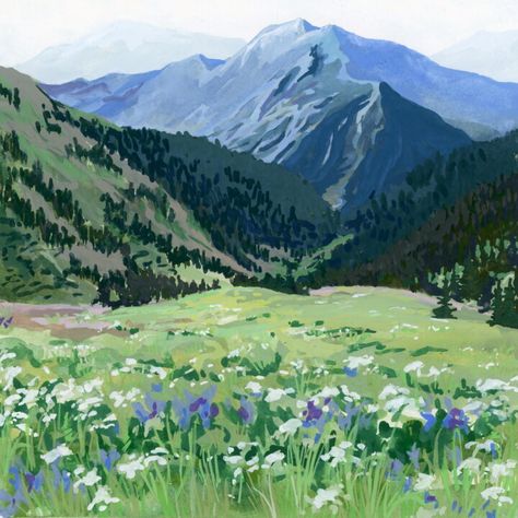 Gouache Illustrations Landscape, Swedish Landscape, Gouache Ideas, Art Vibe, Mountains Painting, Mountain Artwork, Mountain Drawing, Posca Marker, Art 2024