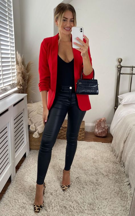 Works Christmas Party Outfit, Red Heels Christmas Outfit, Styling A Red Blazer, Christmas Get Together Outfits, Casual Work Christmas Party Outfit Jeans, How To Style A Blazer Casual, Work Party Outfits Women, Casual Night Out Outfit Winter Jeans, Christmas Outfits For Women Parties