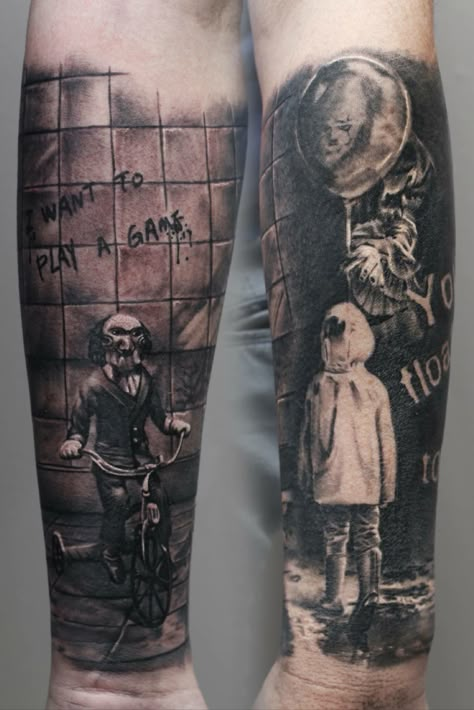 Horror Sleeve Tattoos For Guys, Saw Tattoo Jigsaw Stencil, Billy Saw Tattoo, Saw Tattoo Horror, Scary Tattoos Women, Horror Movies Tattoos, Saw Tattoo Design, Horror Knee Tattoo, Saw Movie Tattoo