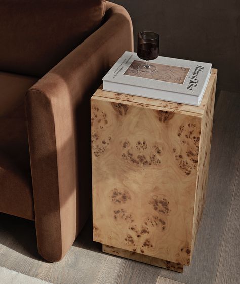 The pedestal-like design of the Burl Side Table by ferm LIVING exudes an elegant expression that enhances the overall aesthetics and ambiance of any space. #mecquelife Tall Side Table, Cube Side Table, Colorful Desk, Rustic Nightstand, Danish Furniture Design, Contemporary Dining Table, Unique Coffee Table, Unique Tables, Burl Wood