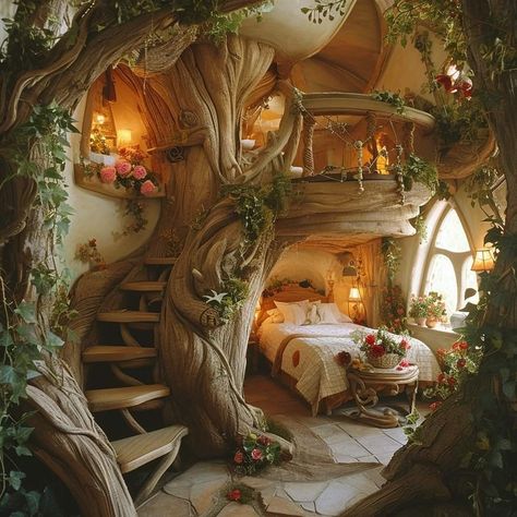 Fairy Core House Interior, Interior Tree House, Fairy Cottage Aesthetic Interior, Fairycore House Interior, Fairy Core Living Room, Fairytale Room Aesthetic, Fairy Garden Bedroom Ideas, Fairycore House, Fairytale Room