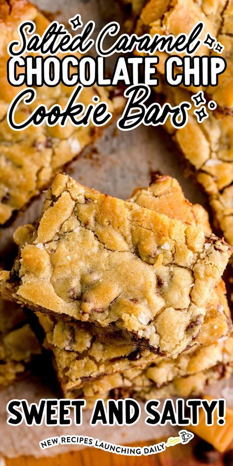 Salted Caramel Chocolate Chip Bars, Spaceshipsandlaserbeams Recipes, Carmel Chocolate Chip Cookies, Caramel Chocolate Chip Cookie Bars, Caramel Chocolate Chip Cookie, Squares Recipes, Caramel Cookies Bars, Gf Sweets, Salted Chocolate Chip Cookies