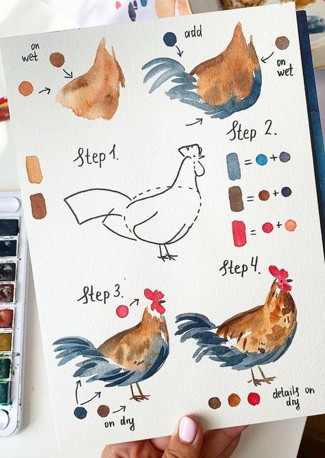 Chicken Drawing Watercolor, Easy Watercolor Chicken, Chicken Watercolour Painting, Watercolor Illustration Animals, Watercolor Art Chicken, Farm Animal Watercolor Paintings, Watercolor Rooster Tutorial, Watercolor Art Ideas Animals, How To Get Better At Watercolor