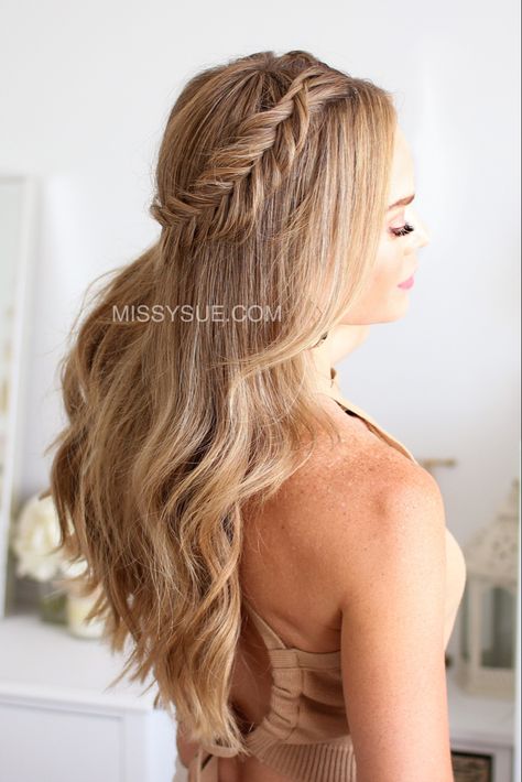 Fishtail braid half Updo. Braided hair. Hairstyle. Fishtail Waterfall Braid, Fish Plait Hairstyles, Fish Tale Braids, Fish Tail Hairstyles, Loose Fishtail Braid, Rope Braid Hairstyles, Side Braid Wedding, Fishtail Braid Wedding, Updos Easy