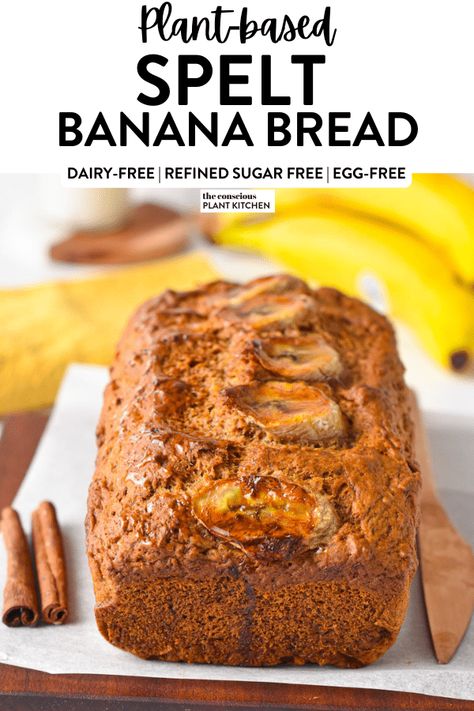 This spelt flour banana bread is the most delicious healthy banana bread you need for breakfast. It's refined sugar-free, egg-free, dairy-free, and packed with vitamins and fiber from spelt flour. Fibroid Recipes, Banana Bread No Eggs, Spelt Banana Bread, Spelt Flour Recipes, Sugar Free Banana Bread, Vegan Bread Recipe, Whole Wheat Sourdough, Spelt Bread, Peanut Butter Banana Bread